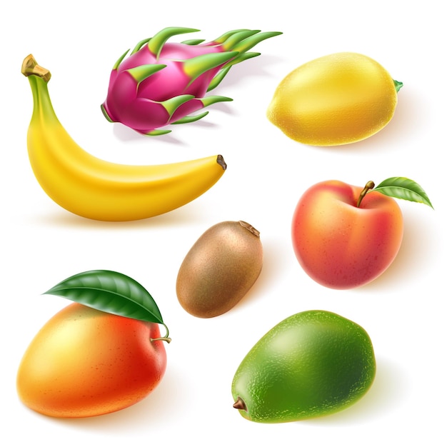 Realistic tropical fruit set Mango  peach  avocado banana lemon kiwi and dragonfruit pitahaya