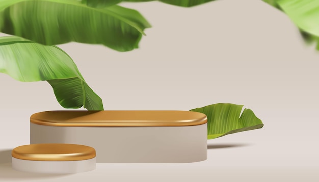 Realistic tropical podium scene with banana leaves