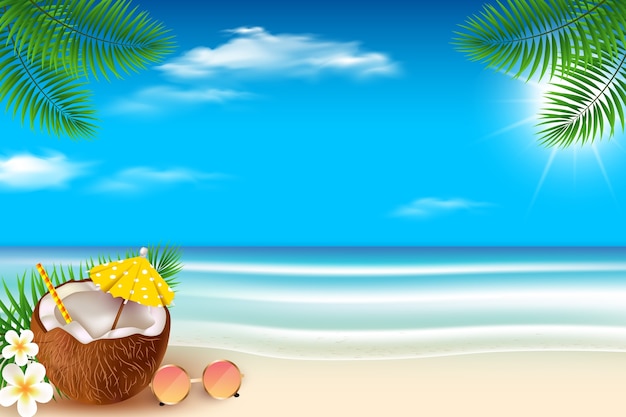 Vector realistic tropical summer background with coconut cocktail