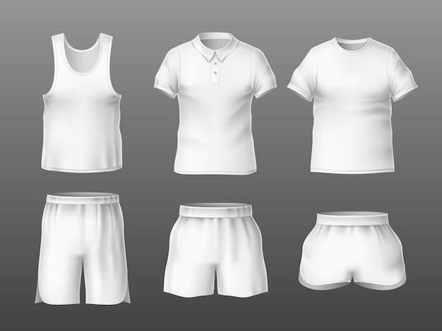 Vector realistic tshirts and short empty white summer sport outfits front view football casual clothes blank empty textile clean soccer uniforms mockup mens underwear utter vector isolated set