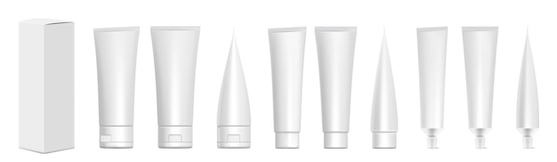 Vector realistic tubes with box white plastic tubes for toothpaste cream gel and shampoo blank packaging front and side view vector mock up template for medicine or cosmetics set illustration