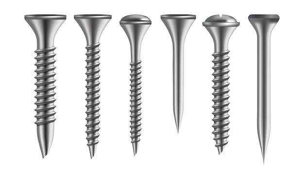 Realistic types of iron screw and nail