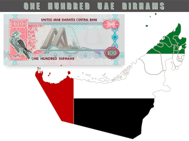 Vettore realistico dei dirham degli emirati arabi uniti moneta di carta 100 aed isolata dalla mappa degli emirati uniti illustrazione vettoriale