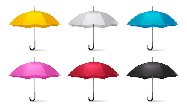 傘の杖で設定されたリアルな傘のアイコン黄色、白、青、ピンク、赤と黒の色のベクトル図