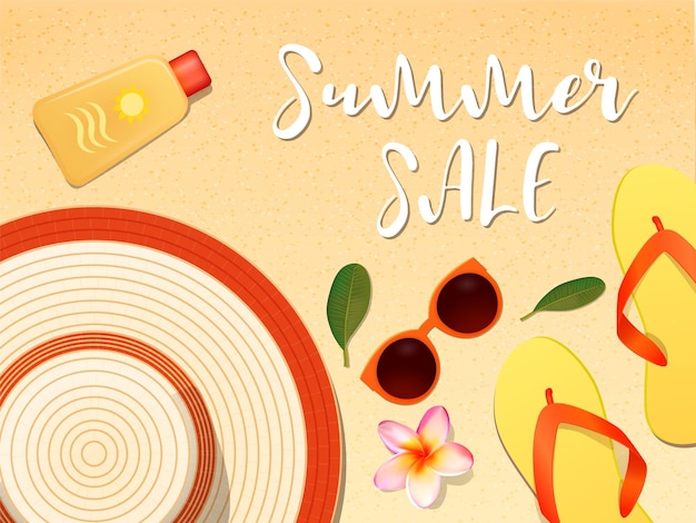 Realistic ummer vector background with a set of beach icons for banners cards flyers social media wallpapers etc