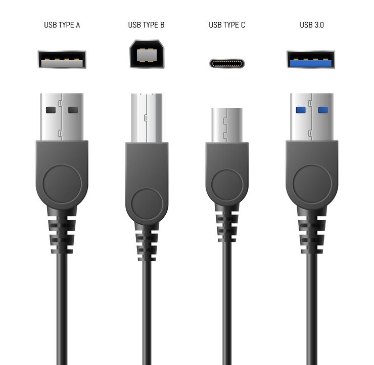 Vector realistic usb cable connectors, smartphone chargers set with modern types of plugs