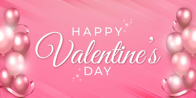 ベクトル ピンクの背景に風船とリボンパーティーの装飾と現実的なバレンタインデーのバナー