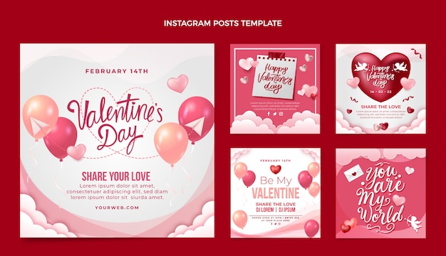 Vettore raccolta realistica di post di instagram di san valentino