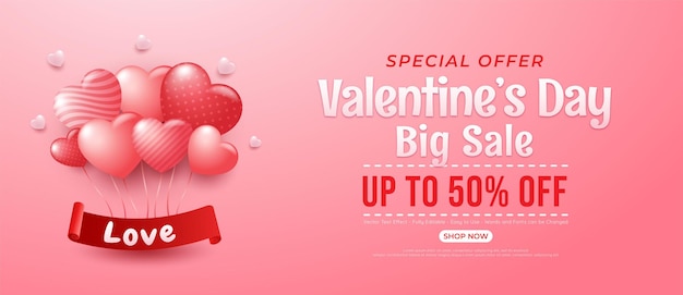 Realistic Valentine's day sale banner template with flying hearts balloons