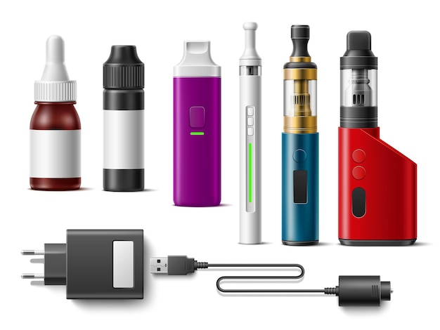 Realistic vape 3d vaporizers elements isolated electronic cigarettes different types spare cartridges battery and aromatic liquid portable ecigarette smoking accessory utter vector set