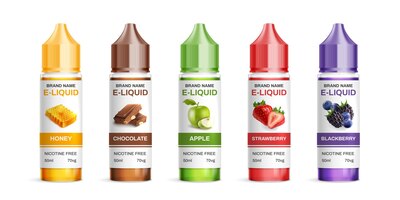 Vettore e-liquid aromatizzato allo svapo realistico con cinque immagini isolate di barattoli colorati con illustrazione vettoriale usa e getta fumante
