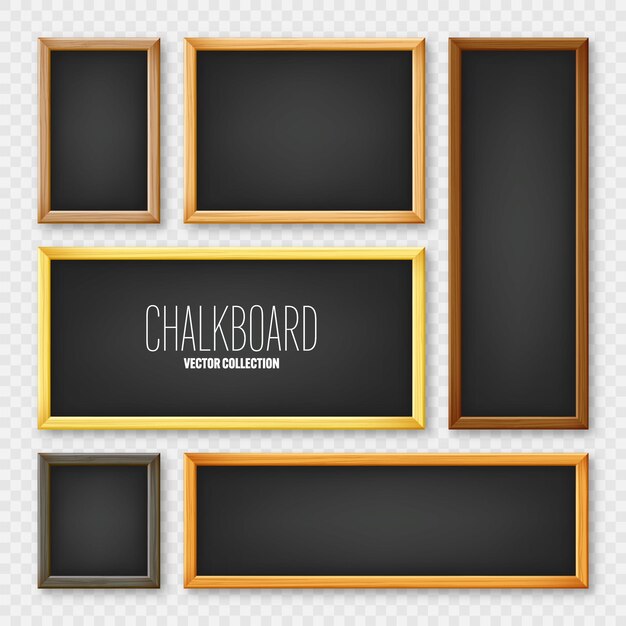 Realistic various chalkboards in a wooden frame black restaurant menu board school blackboard