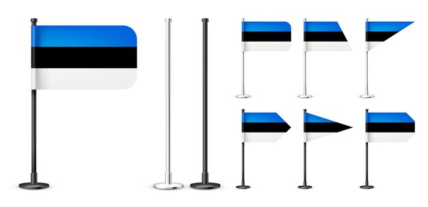 Вектор Реалистичные различные эстонские столовые флаги на черном стальном столбе сувенир из эстонского столового флага из