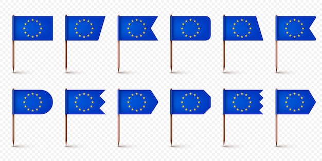 Vettore diverse bandiere europee di stuzzicadenti realistiche souvenir dell'europa stuzzicidini di legno con bandiera di carta