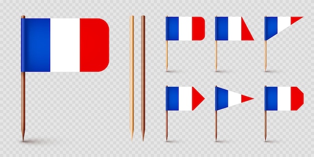 Vector realistic various french toothpick flags souvenir from france wooden toothpicks with paper flag