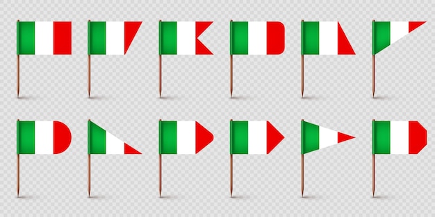 Vettore diverse bandiere di stuzzicadenti italiani realistiche souvenir dall'italia stuzzicadi di legno con bandiera di carta