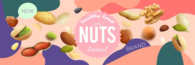 Realistic various natural nuts colorful background illustration