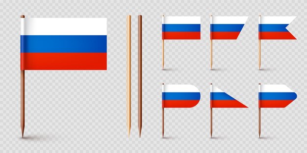 Vector realistic various russian toothpick flags souvenir from russia wooden toothpicks with paper flag