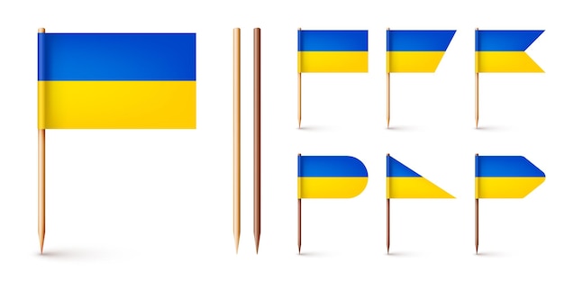 Vector realistic various ukrainian toothpick flags souvenir from ukraine wooden toothpicks with paper flag