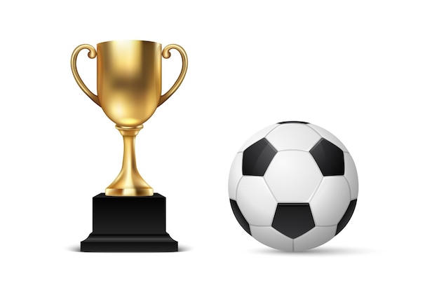 Realistic vector 3d blank golden champion cup icon wirh soccer ball set closeup isolated on white design template of championship trophy sport tournament award gold winner cup and victory concept