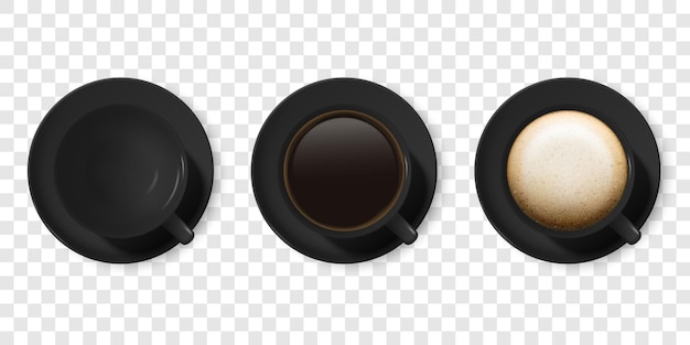 Вектор Реалистичный вектор 3d glossy blank black coffee cup или кружка icon set с американо эспрессо капучино крупным планом изолированный дизайн шаблона кофейной кружки или чашки и тарелки mockup top view