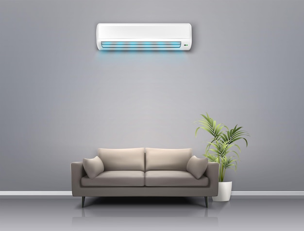 Vettore sfondo vettoriale realistico concetto di controllo del clima sistema di raffreddamento dell'aria condizionata nel soggiorno r