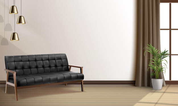 Sfondo vettoriale realistico interno con moderno divano in pelle soggiorno con finestra e pianta