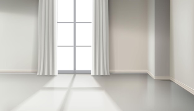 Vector realistic vector background living room empty interior window with long curtains sunlight in the room