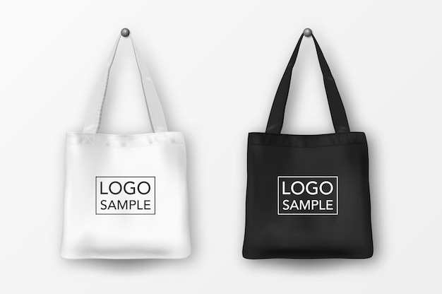 Vettore insieme dell'icona di borsa tote in tessuto vuoto bianco e nero realistico di vettore. primo piano isolato su sfondo bianco. modelli di design per il branding, mockup. eps10 illustrazione.