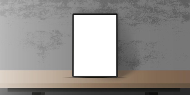 Realistic vector design Tablet with white screen on the table. Wooden table, lamp, gray concrete wall.