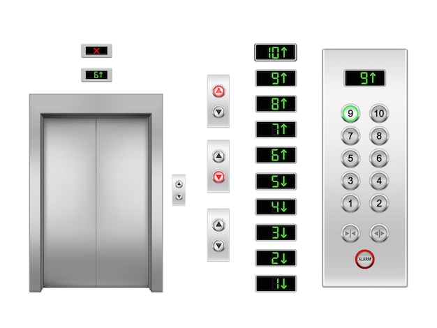 Realistic vector elevator door and buttons up and down arrows