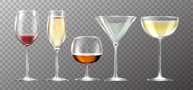 realistic vector icon big collection of full glasses vine champagne martinimargarita