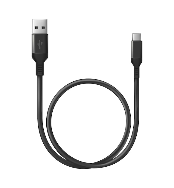 Icona vettoriale realistica cavo usb di ricarica nero isolato su bianco