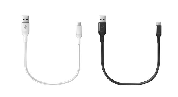 Vector realistic vector icon black and white charging usb cabel isolated on white