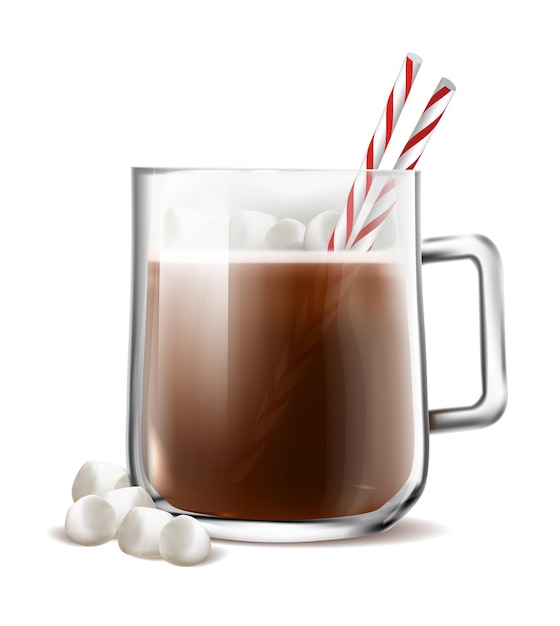 Vector realistic vector icon glass cup of cacao with marshmallow and red and white straws isolated on