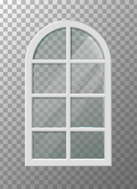 Vettore illustrazione dell'icona vettoriale realistica finestra ad arco in plastica bianca con riflesso in vetro trasparente
