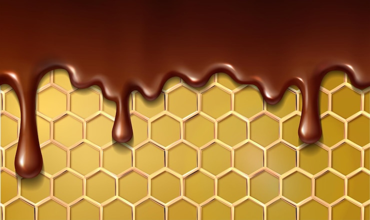 Vector realistic vector icon illustration melting chocolate dripping on honeycomb background
