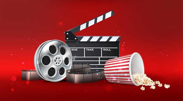 realistic vector icon illustration. Movie night time background. With red bucket of popcorn