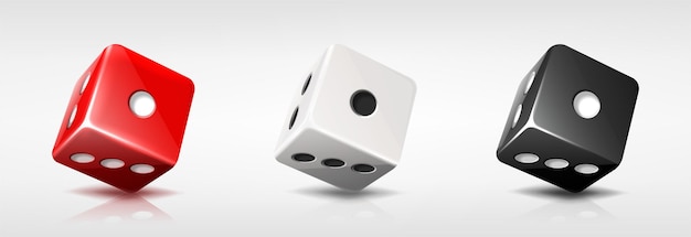 Vettore illustrazione di icone vettoriali realistiche cubi di dadi da poker in rosso bianco e nero isolati su bianco b