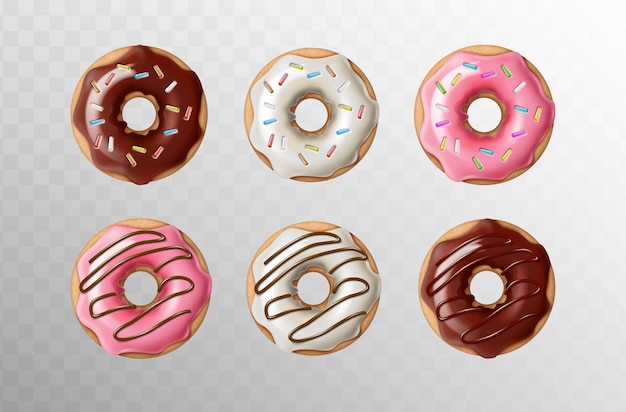 現実的なベクトルアイコンのイラスト チョコレートで新鮮に焼いたカラフルにグラスされたドーナツのセット