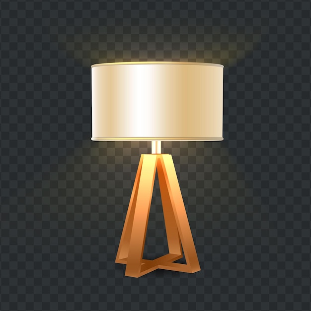 Realistic vector icon modern table lamp with wooden decorative legs glowing light in the dark