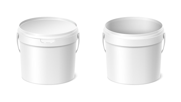 realistic vector icon set Plastic white paint bucket with lid open and closed