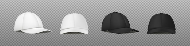 Vettore icona vettoriale realistica berretto sportivo bianco e nero nella vista frontale e laterale berretto da baseball mockup