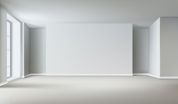 realistic vector illustration Empty white room interior with big window and empty wall for prece