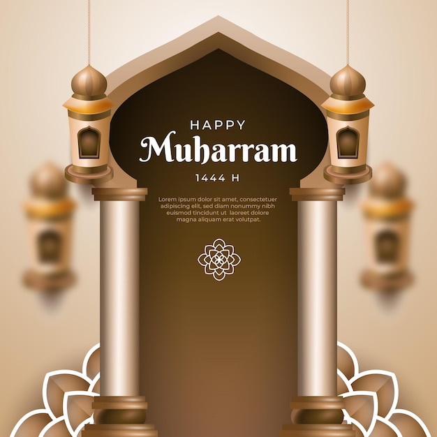 Realistic vector illustration of happy muharram with islamic gate