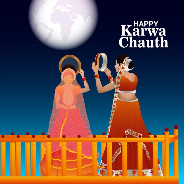 幸せな karwa chauth のインドの花嫁の現実的なベクトル イラスト