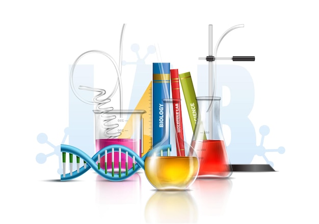 Realistic vector illustration. molecular bio technologies in laboratory glassware, tubes and beakers