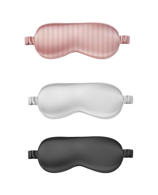 Реалистичная векторная иллюстрация набор белых, черных и розовых маск для сна.