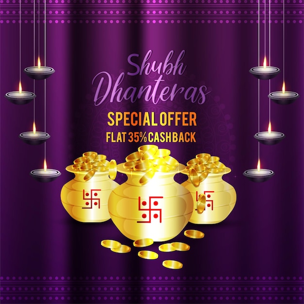 Realistic vector illustration of shubh dhanteras celebration greeting card with gold coin pot