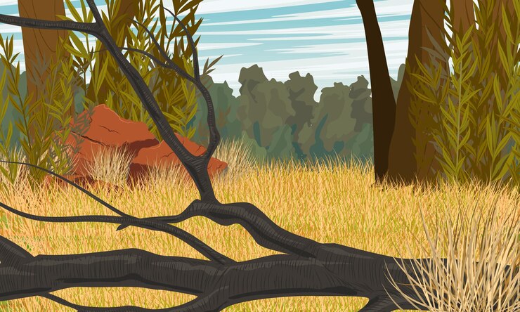Realistic vector landscape with a meadow with tall dry grass red stones and trees Landscape